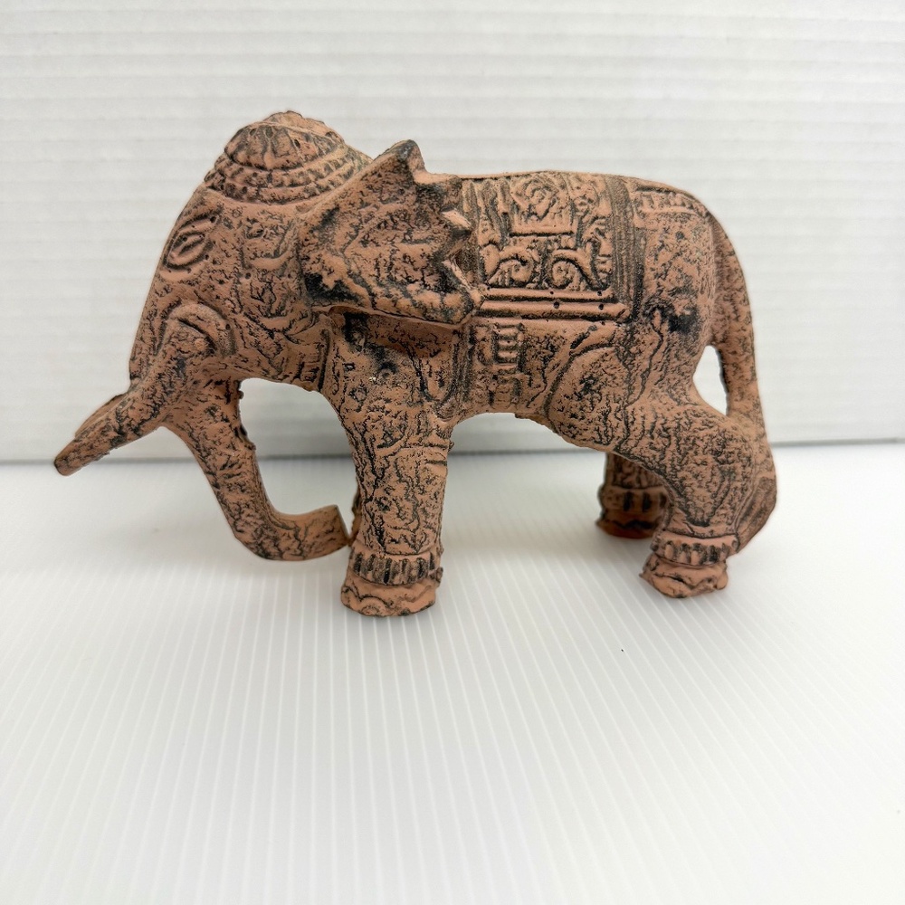 Vintage Pottery Elephant Figurine Carved Tribal Statue Home Decor Boho HEAVY‎